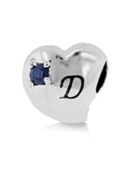 Sterling Silver Alphabet D Charm with 2 Pieces 3mm Dark Blue Natural Sapphire Gemstones on Both Sides , Fits Pandora and All Brands Charm Bracelets and Necklaces.