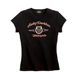 Harley Davidson Women's 105th Anniversary Tee Shirt. Comfortable 100% cotton, the Anniversary tee has the logo for the 105th celebration printed on the front, embellished with scattered stud accents. A smaller anniversary graphic on the back neck keeps the party going. 96104-08VW