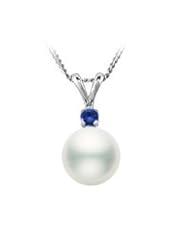 PremiumPearl 8-9mm AAA Japanese White Akoya Pearl Pendant 14k Gold & Sapphire