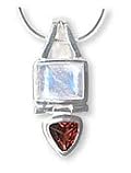 Sterling Silver Moonstone and Garnet Pendant Necklace, 16 Inch Chain