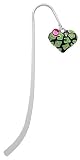Lime Green Enamel Cheetah Print Heart Silver Plated Charm Bookmark with Pink Swarovski Drop