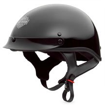 Stock Half Helmet - Gloss Black - Thermoplastic shell with double D-ring chin strap. Harley-Davidson® Bar & Shield logo graphic. Meets DOT requirements. Helmet bag included. 98249-06V/022S