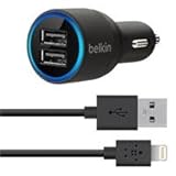 Belkin Car Charger with 8-Pin Lightning Cable Connector and Dual USB ports for iPhone 5, iPad (4th Gen), iPad mini, iPod Touch (5th Gen), and iPod nano (7th Gen) - 2.1 AMP/10 Watt