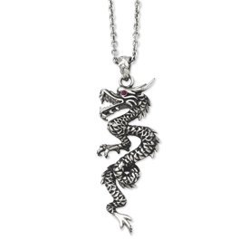 Stainless Steel Antiqued Dragon w/Red CZ Eye 20in w/ext Necklace