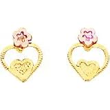 14K Two Tone Gold Heart Flower Earrings Jewelry New |A