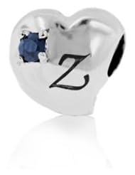 Sterling Silver Alphabet Z Pandora Style Charm Bead with 2 pieces 3mm Dark Blue Natural Sapphire Gemstones on Both Sides , Fits Pandora , Chamilia, Jovana Bracelet