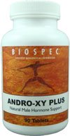 ANDRO-XY PLUS Natural Male Hormome Support from Biospec. The primary symptoms of Male Andropause include increased abdominal fat, decreased muscle mass, irritability, depression, anxiety, difficulty concentrating, and decreased facial and leg hair. The underlying metabolic cause of this in aging male patients is too little free testosterone and too much estrogen.