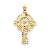 14k Mens Celtic Claddagh Cross Pendant - Measures 31x22mm - JewelryWeb