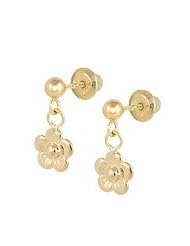 Childrens 14K Yellow Gold Dangling Flower Screw Back Earrings