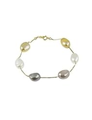 14K 9-10mm Multi Color Baroque Freshwater Cultured Pearl Station Bracelet, 7.5"