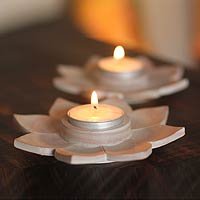 NOVICA Soapstone candleholders Lotus Light (pair)