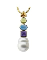14K Yellow Gold 12.00 mm/06.00 mm/06.00/8X6 South Sea Cultured Pearl, Genuine Citrine, Genuine Peridot, Genuine London Blue Topaz, And Genuine Amethyst Pendant