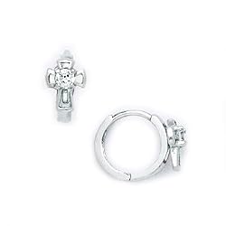 14K White Gold CZ Cross Huggy Earrings