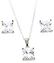Sterling Silver 8mm Square CZ Stud Pendant and Earring Set