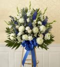 Same Day Flower Delivery Blue and White Sympathy Standing Basket