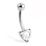 14K solid white gold belly button ring with heart-shaped stone and jeweled top ball