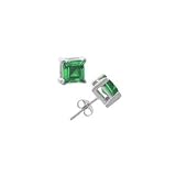 .925 Sterling Silver Lab Created Emerald Gemstone Four Prong Stud Earrings - Princess Cut Shape 3...