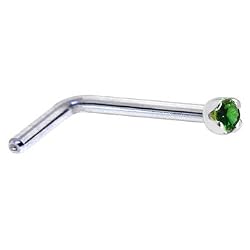 Solid 14KT White Gold 1.5mm Genuine Emerald L-Shaped Nose Ring - 20 Gauge