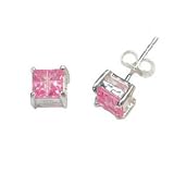 Girls or Childs Studs - Square Princess-Cut Synthetic Pink Sapphire Sterling Silver Earrings
