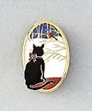 Gold plated and enamel cat, snow and cardinal winter scene pin or brooch