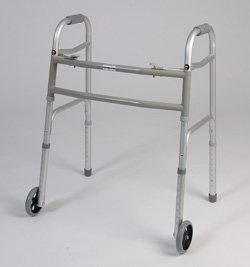 walker with wheels - This medical Bariatric walker has a dual button to fold. Weight capacity 450 pounds. This functional lightweight aluminum walker has Limited lifetime warranty on frame.
