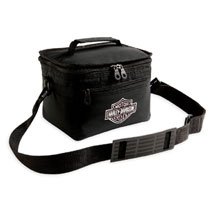 Childrens Toyshop  Outdoor Living : Harley Davidson Lunch Tote with Bar & Shield Logo--LIMITED EDITION. Nylon lunch tote. Insulated. Outside zippered pocket. Carrying handle and comfortable shoulder strap. Customized zipper pulls. Bar & Shield logo on front. Measures 10" x 5" x 6". 96939-08VW