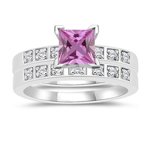 0.13 Cts Diamond & 1.04 Cts Pink Sapphire Matching Ring Set in 14K White Gold