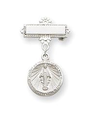 Sterling Silver Dangling Round Miraculous Medal Pin QC4390"