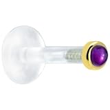 14 Gauge 3/8 Inches Solid 14KT Yellow Gold 2mm Genuine Amethyst Bioplast Push in Labret