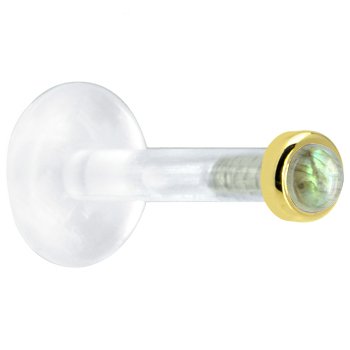 14 Gauge 3/8 Inches Solid 14KT Yellow Gold 2mm Genuine Labradorite Bioplast Push in Labret
