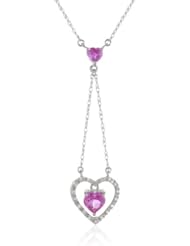 10k White Gold Created Pink Sapphire and Diamond Heart Drop Pendant