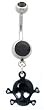 Stainless Steel Belly Ring with Black Crystals - Dangling Skull with Crossbones