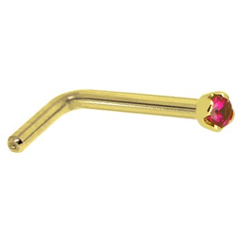Solid 14KT Yellow Gold 1.5mm Genuine Ruby L-Shaped Nose Ring - 18 Gauge