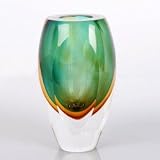 Hand Blown Green & Orange Sommerso Multi-faceted Art Glass Vase 8.5 tall