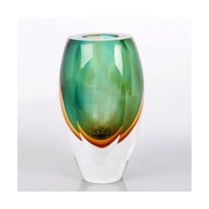 Hand Blown Green & Orange Sommerso Multi-faceted Art Glass Vase 8.5