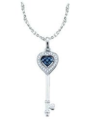 14k White Gold Blue White Diamond Key Heart Pendant WG Chain Unique Womens New- .10 Ct.t.w.