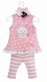 Mud Pie Baby Eieio Pink Cotton Swing Dress and Cotton-Spandex Striped Leggings Set, Bunny, 0 - 6 Months