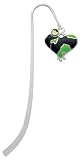Lime Green Enamel Large Cheetah Print Heart Silver Plated Charm Bookmark with Peridot Swarovski Drop
