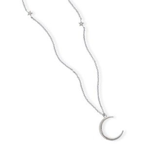 Crescent Moon and Stars Necklace Rhodium and Sterling Silver with Cubic Zirconia CZ Accents