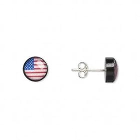 USA Flag Stud Post Earrings 9mm Sterling Silver Acrylic Red White Blue