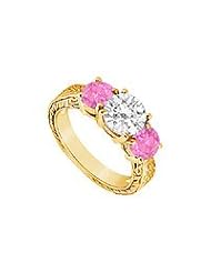 Three Stone Pink Sapphire and Diamond Ring : 14K Yellow Gold - 1.50 CT TGW