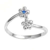 Sterling Silver Fashion Toe Ring - Plumeria with Blue Sapphire and Clear CZs - 2mm Band Width