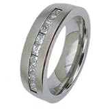 7MM High Polished Titanium Ring With Princess Shape Cubic Zirconias For Men