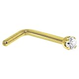 Solid 14KT Yellow Gold 2mm Genuine Diamond L-Shaped Nose Ring - 18 Gauge