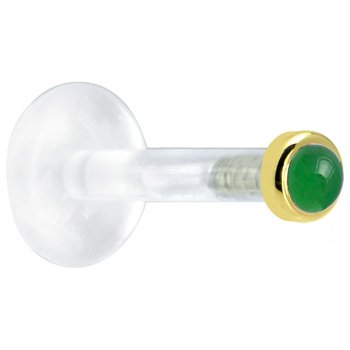 14 Gauge 3/8 Inches Solid 14KT Yellow Gold 2mm Genuine Jade Bioplast Push in Labret