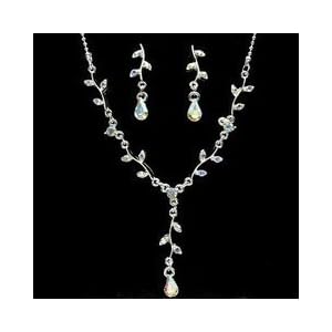 Wedding Bridal AB Rhinestone Floral Silver-Tone Necklace