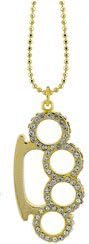 SMALL BRASS KNUCKLE NECKLACE ON SHORTBEAD 18 IN. CHAIN - Gold w/ Rhinestones