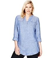 Plus Pure Linen Open Neck Collar Shirt