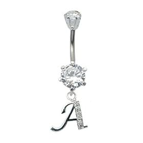 Piercing nombril Pendant Initiale A - Cristal - acier chirurgical 316L - longueur de barre 10mm