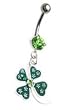 Stainless Steel Dangle Belly Ring with Clear/Green CZ - Clover Leaf - Sold Individually